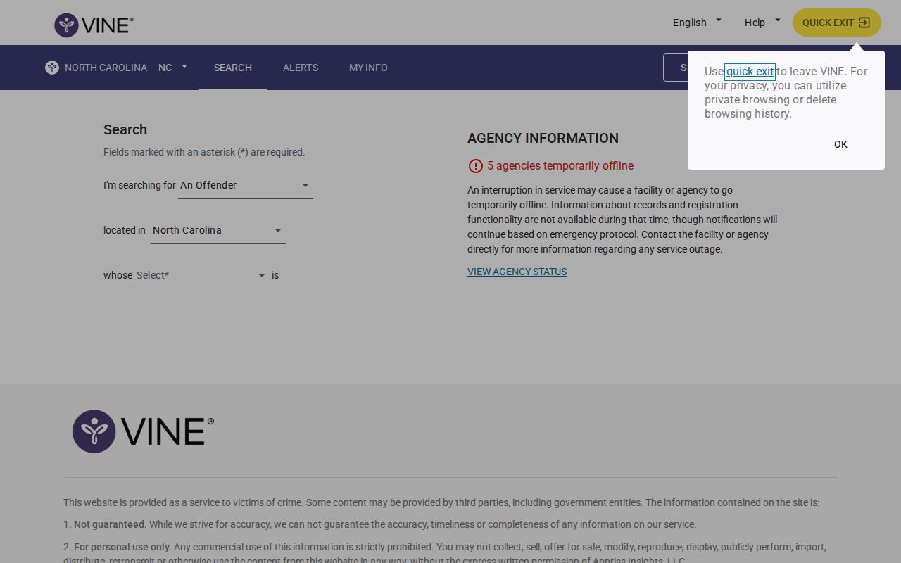 Guilford County VINELink inmate check and release notification interface